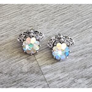 Vintage Judy Lee Irridescent Flower Silver Tone Clip On Earrings Huggies